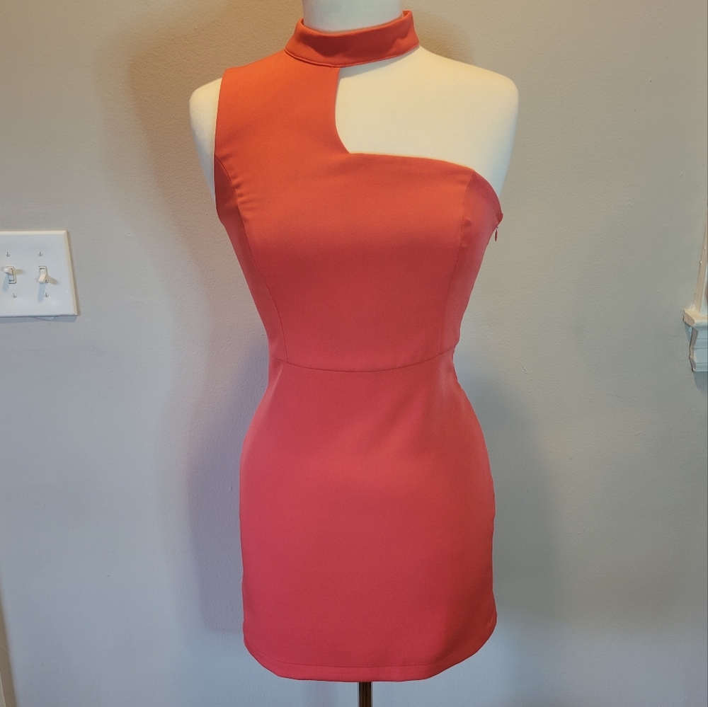 re:named Mock Neck One Shoulder Mini Dress, Coral